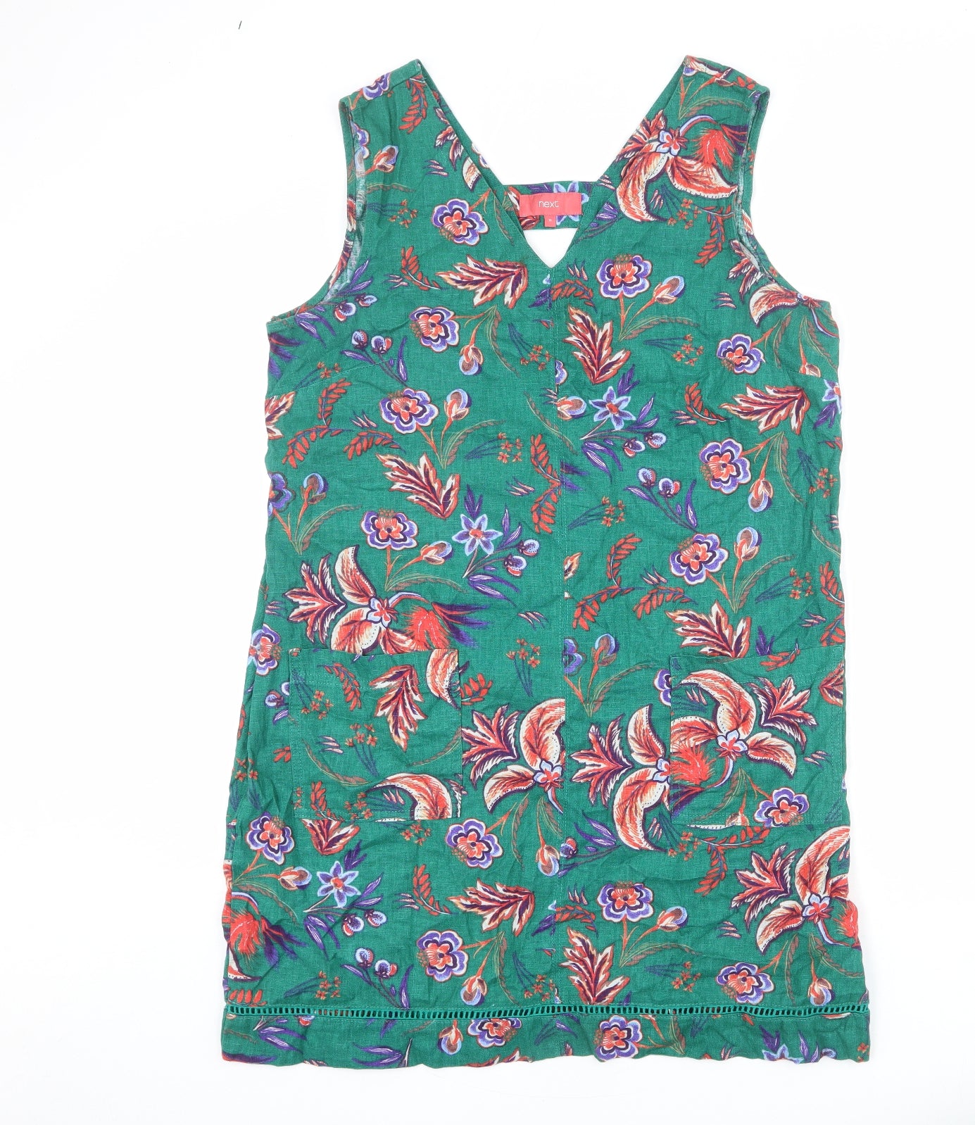 NEXT Womens Green Floral Linen A-Line Size 16 V-Neck Pullover