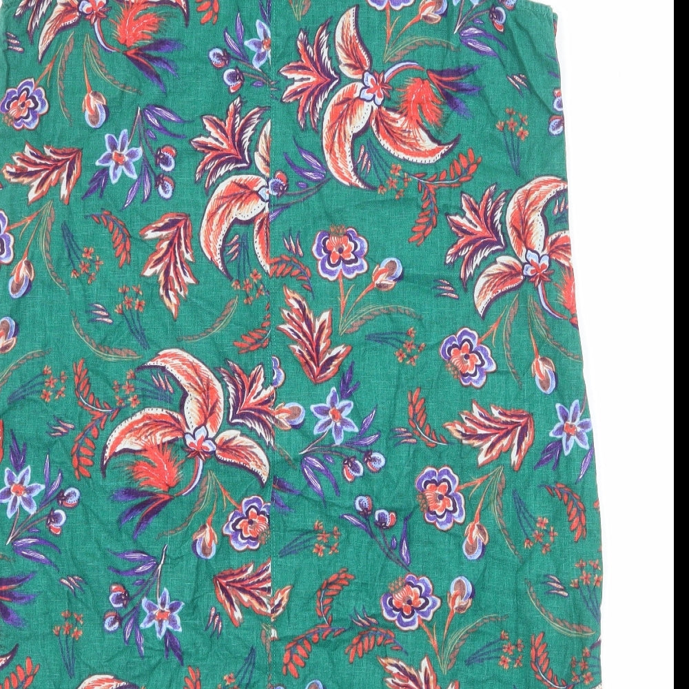 NEXT Womens Green Floral Linen A-Line Size 16 V-Neck Pullover