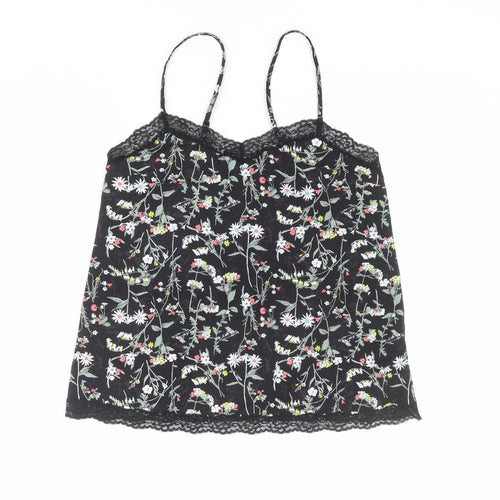 Marks and Spencer Womens Black Floral Polyester Camisole Tank Size 8 V-Neck - Lace Details
