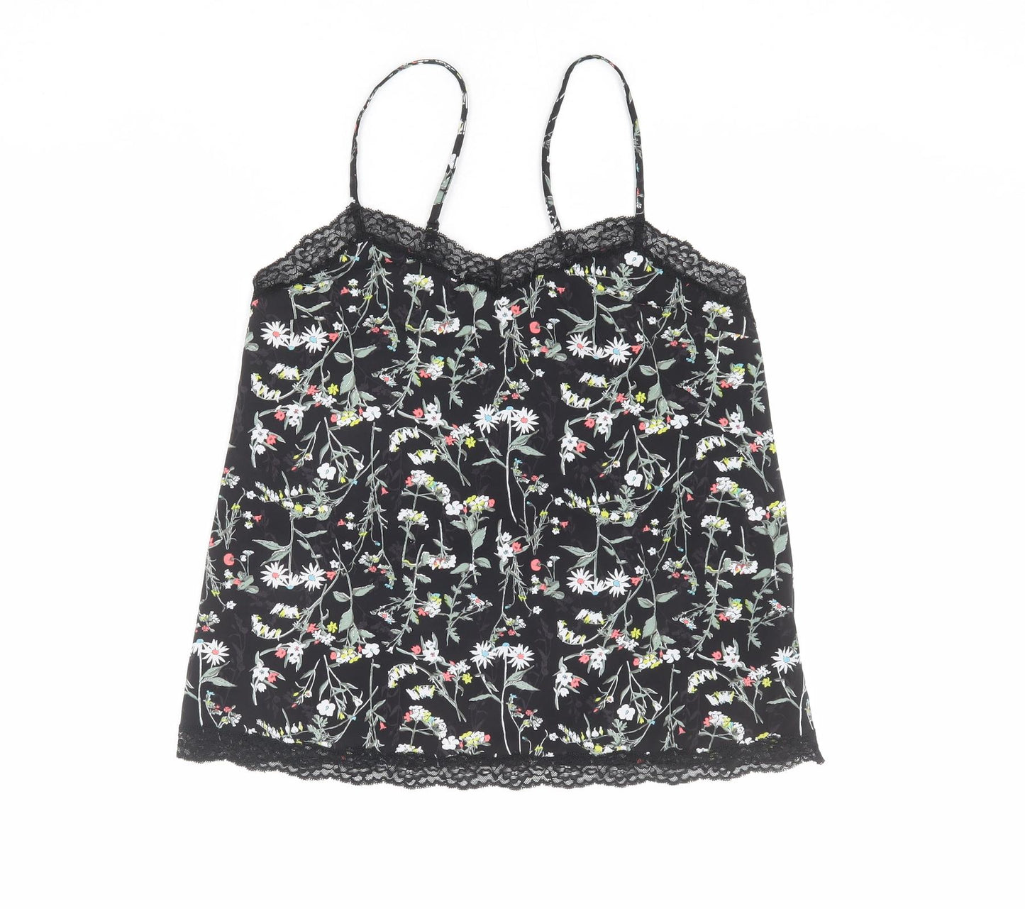 Marks and Spencer Womens Black Floral Polyester Camisole Tank Size 8 V-Neck - Lace Details