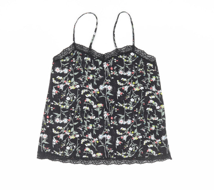 Marks and Spencer Womens Black Floral Polyester Camisole Tank Size 8 V-Neck - Lace Details