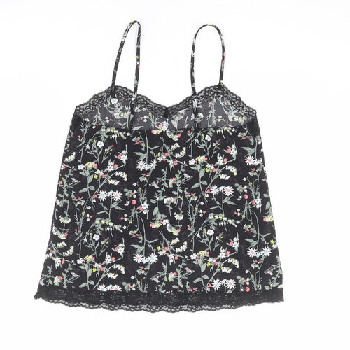 Marks and Spencer Womens Black Floral Polyester Camisole Tank Size 8 V-Neck - Lace Details