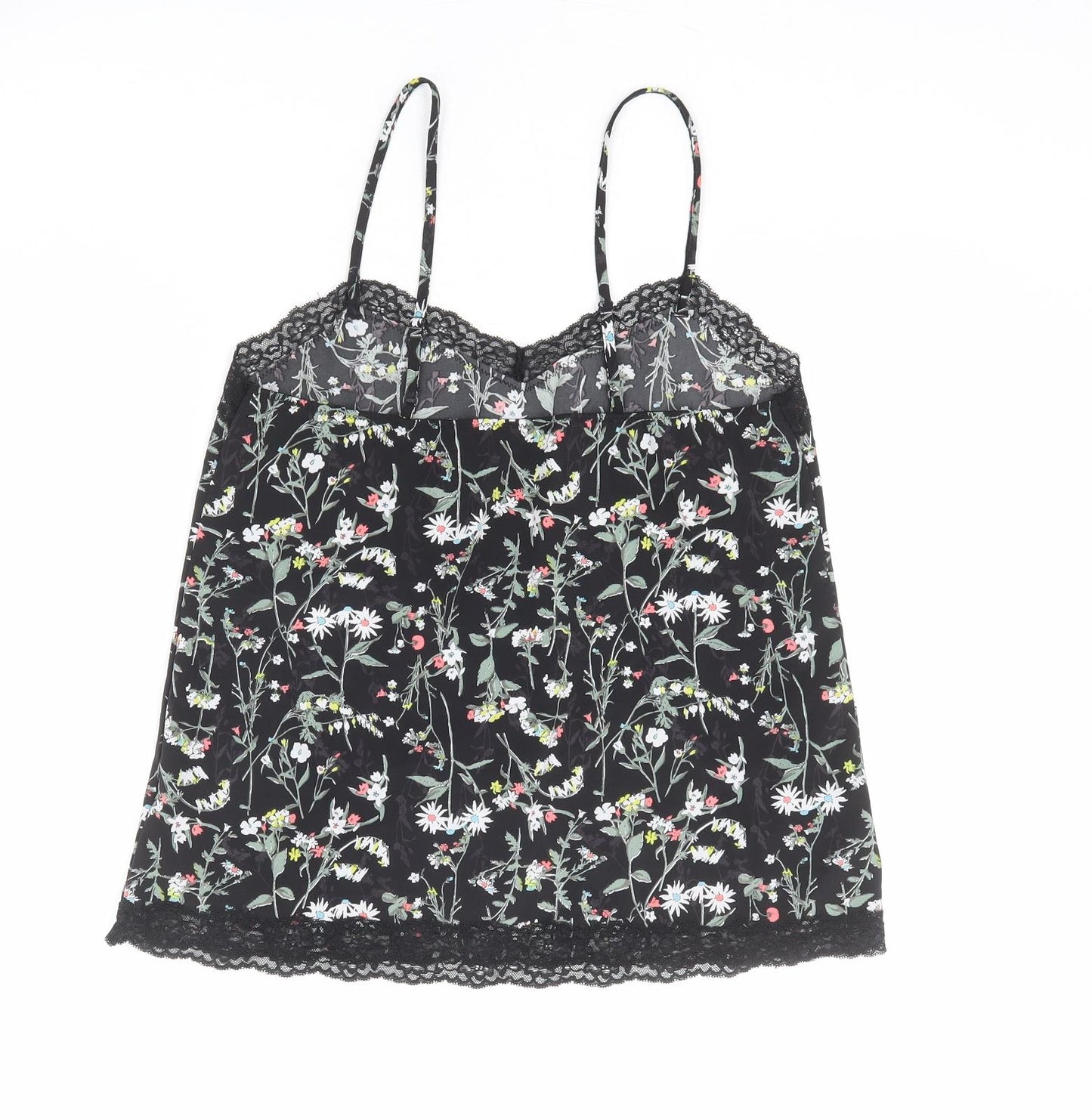 Marks and Spencer Womens Black Floral Polyester Camisole Tank Size 8 V-Neck - Lace Details