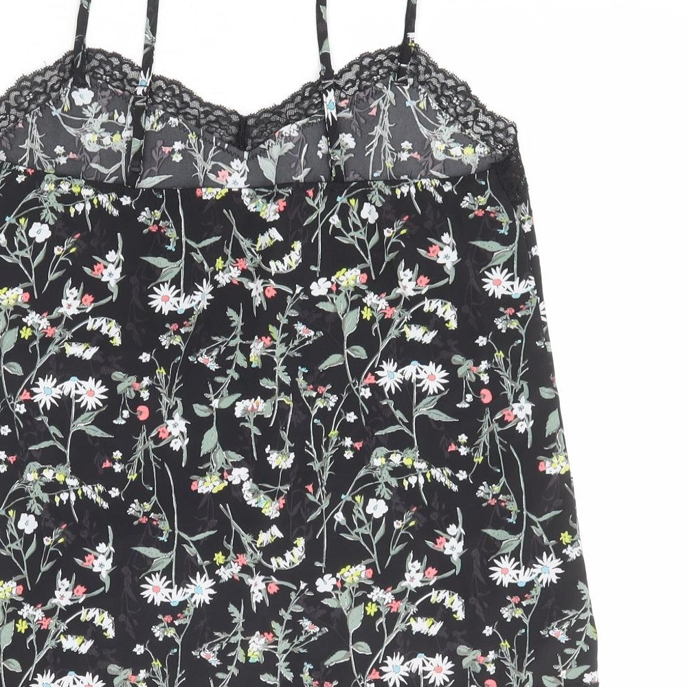 Marks and Spencer Womens Black Floral Polyester Camisole Tank Size 8 V-Neck - Lace Details