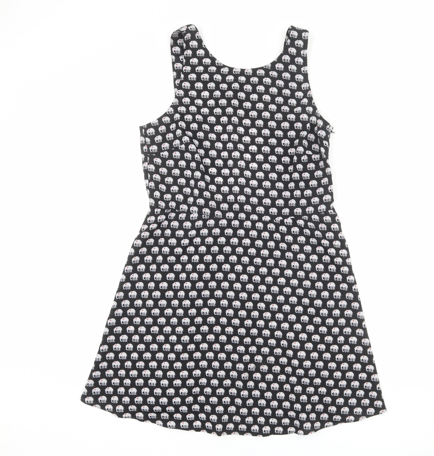 Influence Womens Black Geometric Polyester Tank Dress Size L Round Neck Zip - Elephant pattern