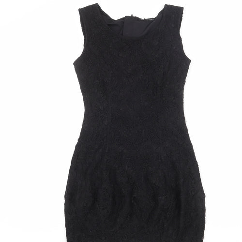 Warehouse Womens Black Geometric Nylon Bodycon Size 10 Round Neck Zip