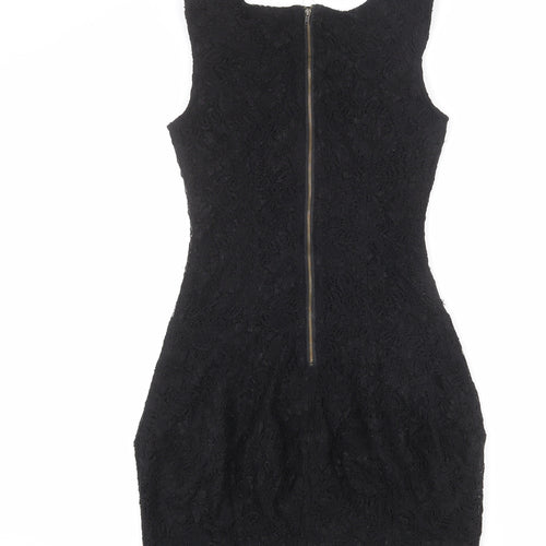 Warehouse Womens Black Geometric Nylon Bodycon Size 10 Round Neck Zip
