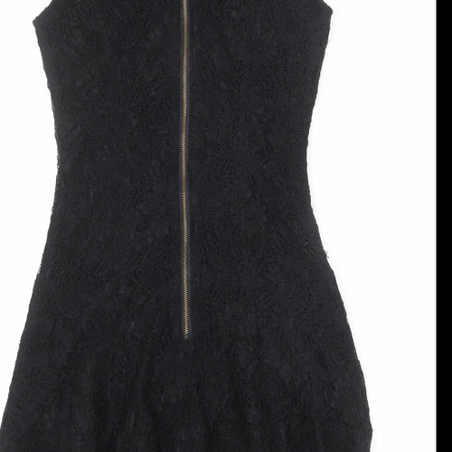 Warehouse Womens Black Geometric Nylon Bodycon Size 10 Round Neck Zip