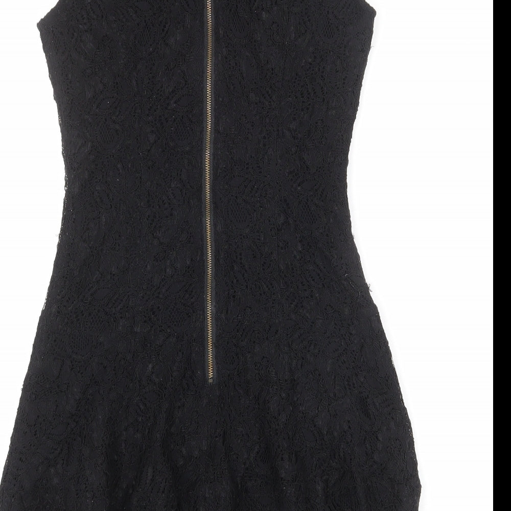 Warehouse Womens Black Geometric Nylon Bodycon Size 10 Round Neck Zip