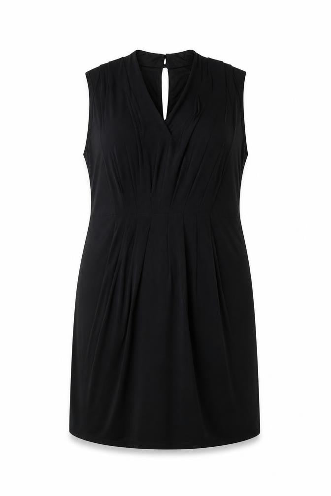 Front view of Marks & Spencer women’s black polyester shift, size UK 18, round neck button
