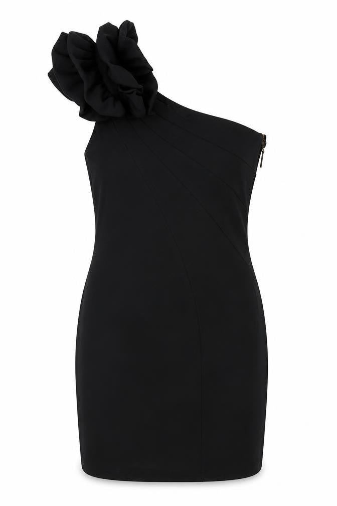 Front view of Miss Selfridge women’s black polyester mini, size UK 10, one shoulder zip - asymmetric neckline