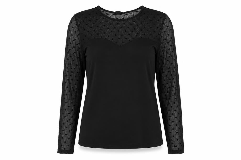 Front view of H&M women’s black polka dot cotton basic blouse, size L, round neck