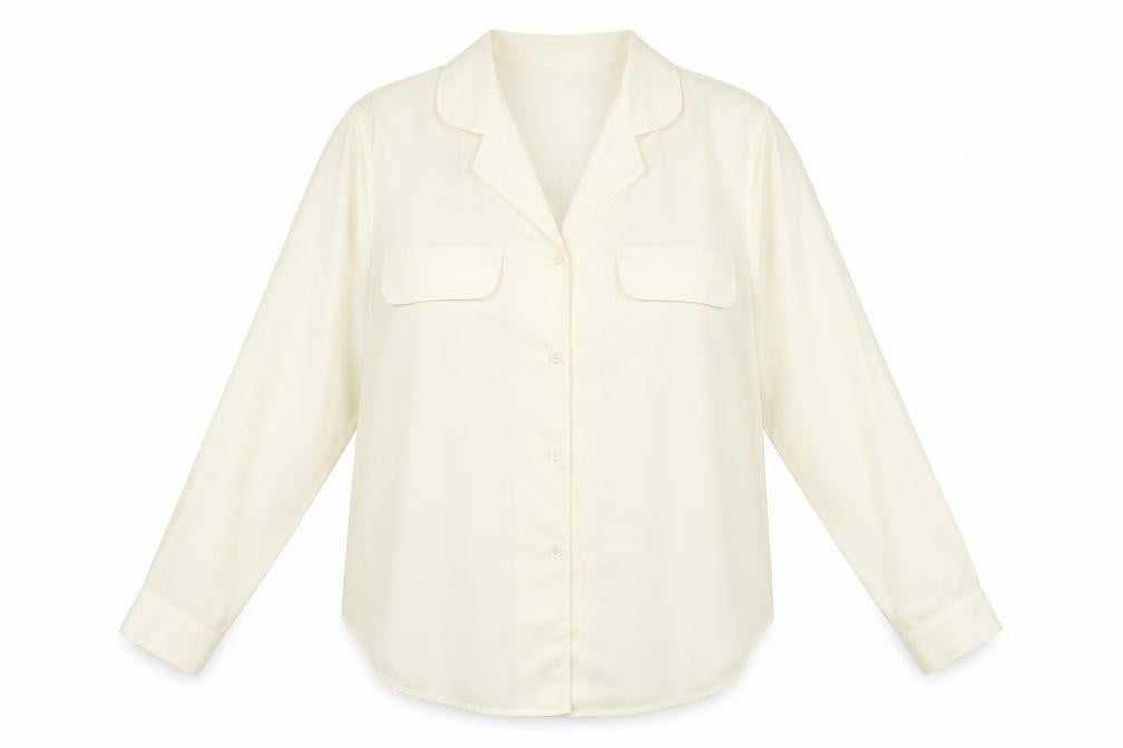 Front view of Dalia women’s ivory polyester basic button-up, size UK 12, collared