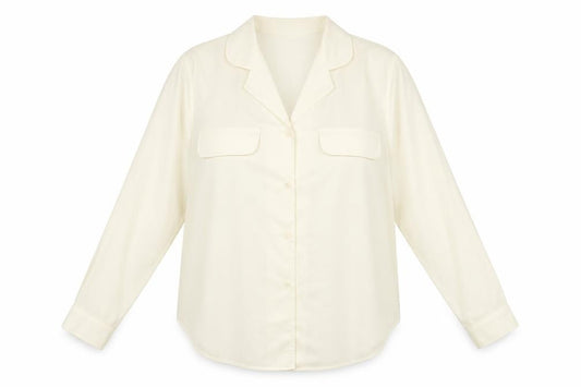 Front view of Dalia women’s ivory polyester basic button-up, size UK 12, collared