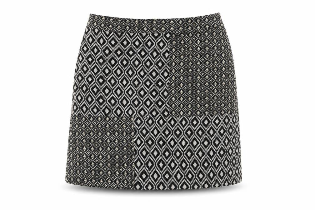 Front view of Next women’s black geometric polyester a-line skirt, size UK 12, zip