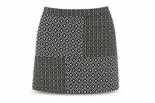 Front view of Next women’s black geometric polyester a-line skirt, size UK 12, zip