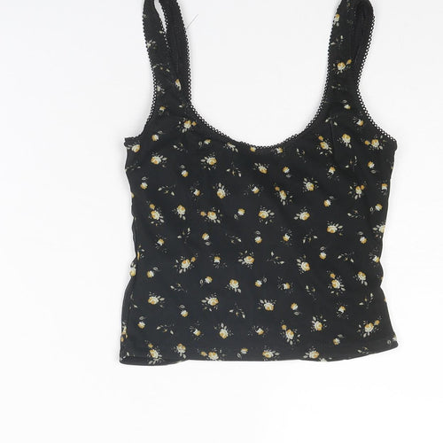 ASOS Womens Black Floral Polyester Cropped Tank Size 8 Square Neck - Ruched