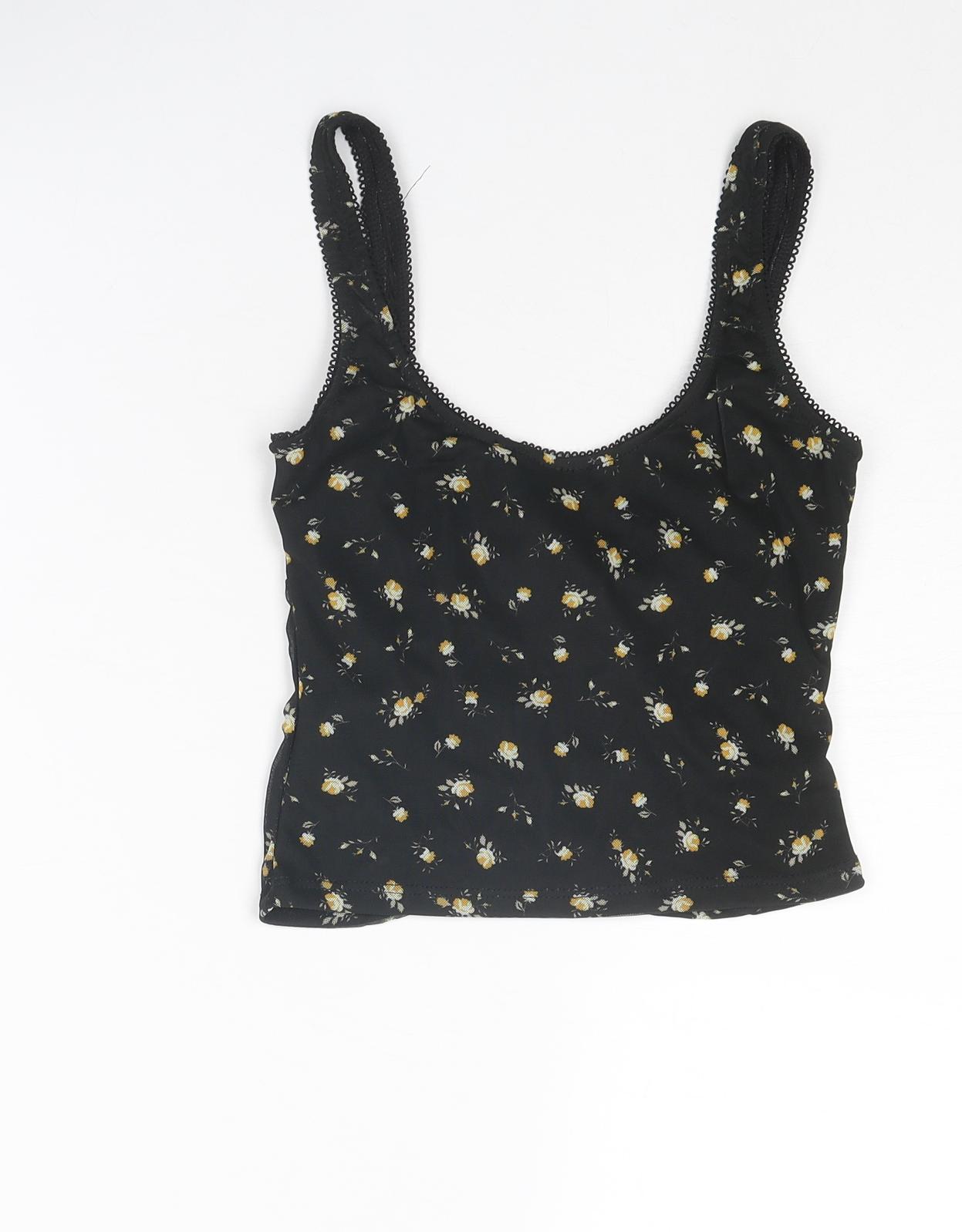 ASOS Womens Black Floral Polyester Cropped Tank Size 8 Square Neck - Ruched