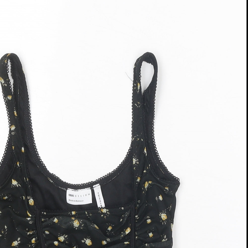 ASOS Womens Black Floral Polyester Cropped Tank Size 8 Square Neck - Ruched