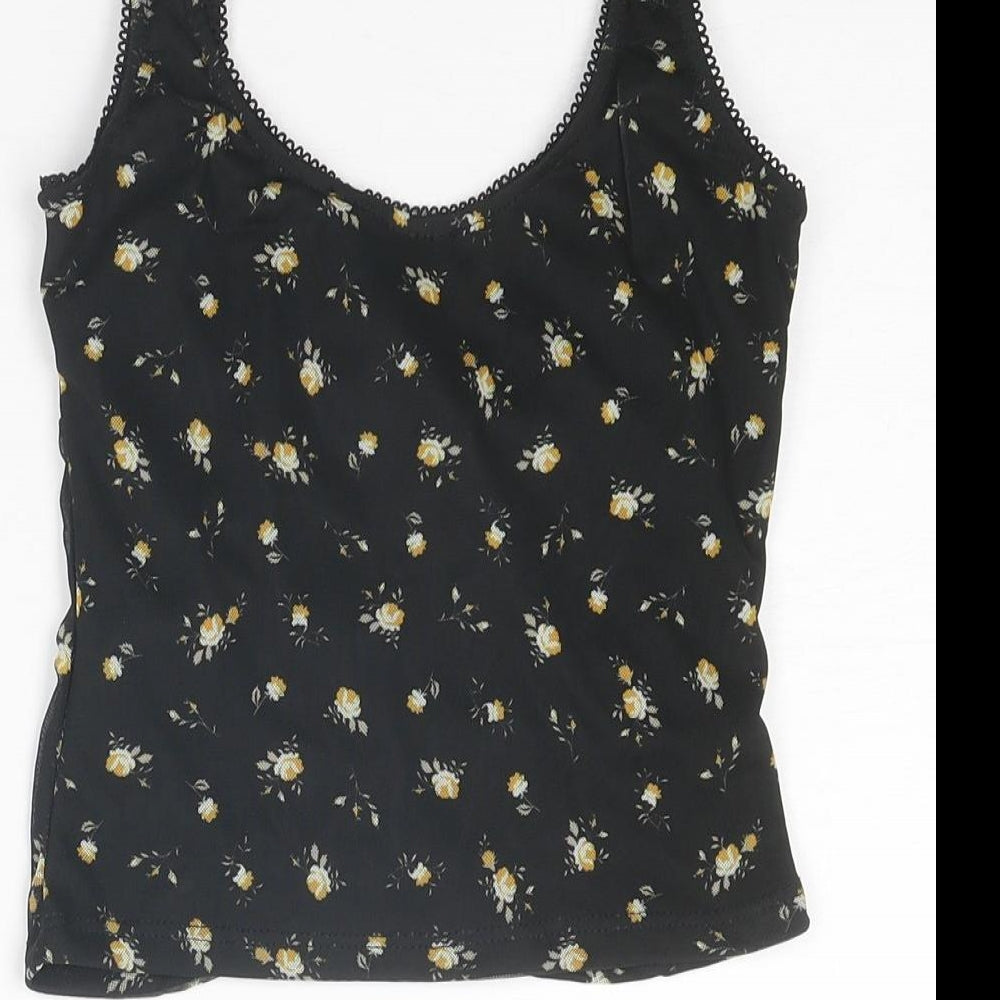 ASOS Womens Black Floral Polyester Cropped Tank Size 8 Square Neck - Ruched