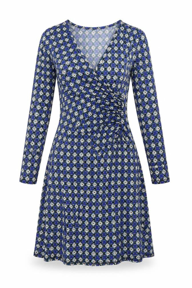 Front view of Ingenue London women’s blue geometric polyester trapeze & swing, size UK 10, v-neck pullover
