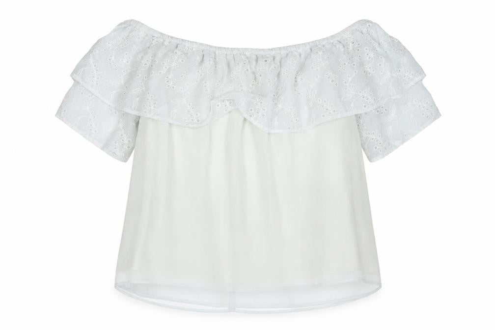 Front view of Only women’s white polyester basic blouse, size UK 6, off the shoulder - broderie anglaise details