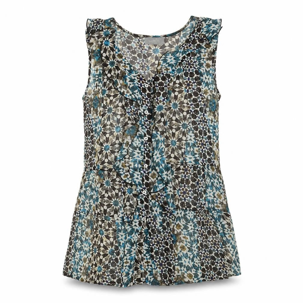 Front view of Wallis women’s multicoloured geometric polyester basic button-up, size S, v-neck