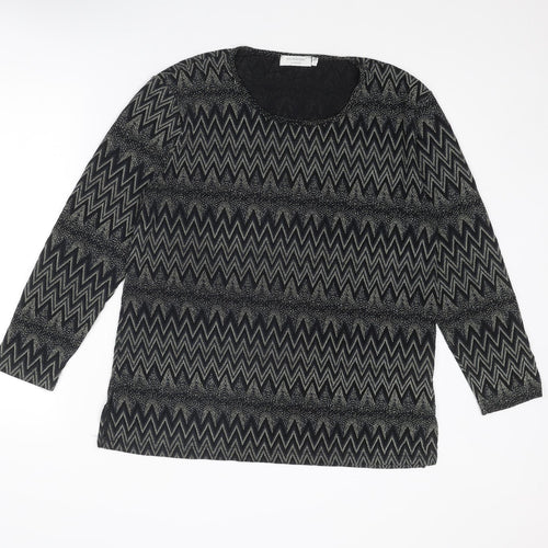 Signature Womens Black Geometric Nylon Basic Blouse Size L Crew Neck