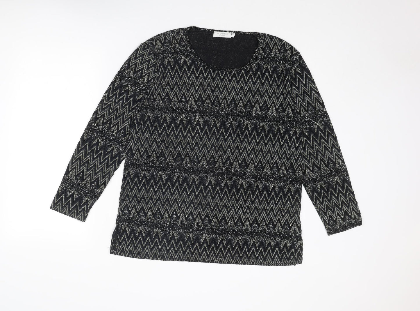 Signature Womens Black Geometric Nylon Basic Blouse Size L Crew Neck
