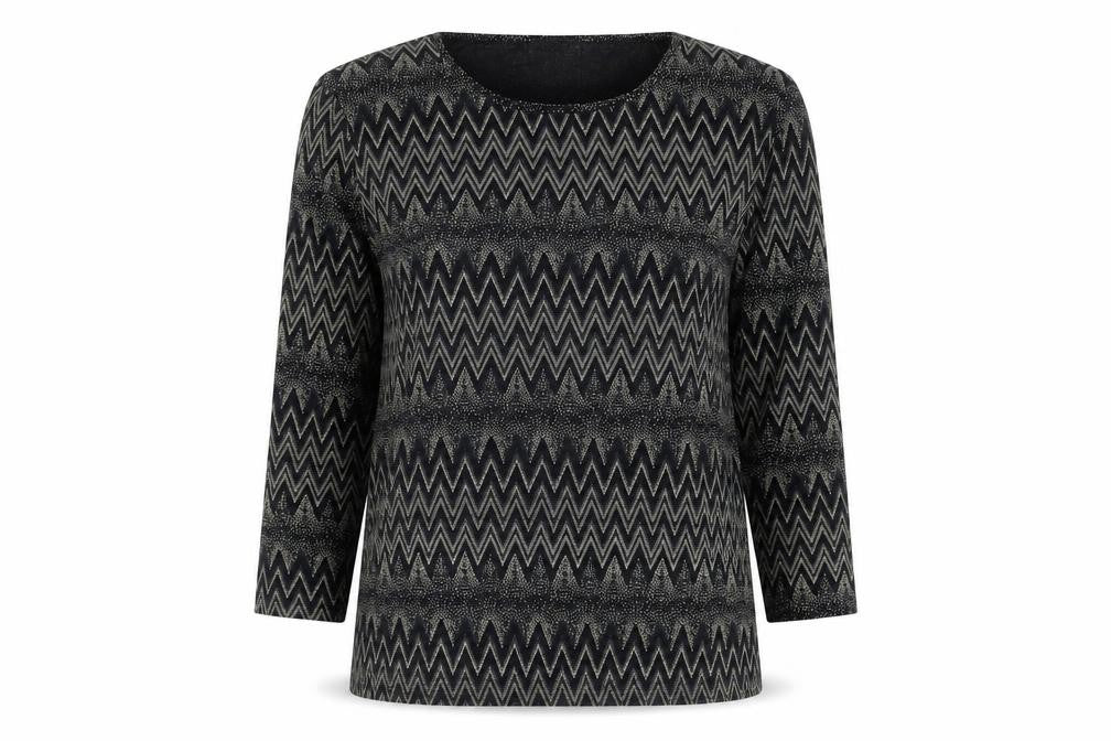 Front view of Signature women’s black geometric nylon basic blouse, size L, crew neck