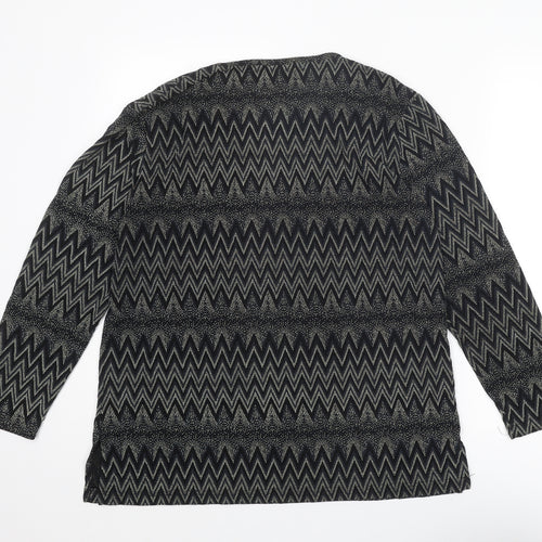 Signature Womens Black Geometric Nylon Basic Blouse Size L Crew Neck