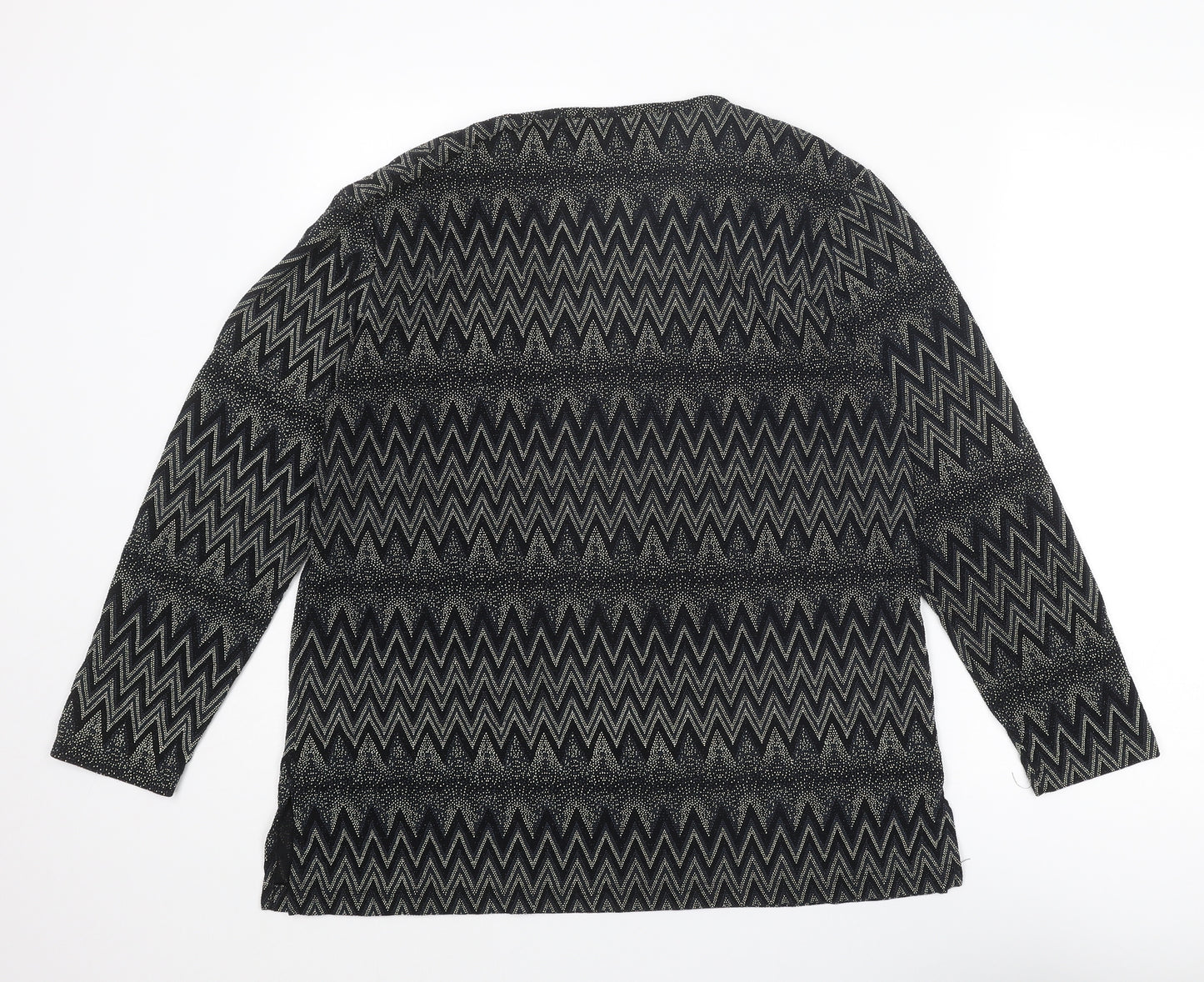 Signature Womens Black Geometric Nylon Basic Blouse Size L Crew Neck