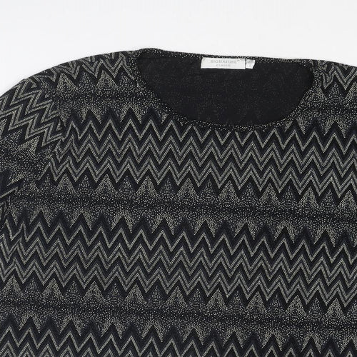 Signature Womens Black Geometric Nylon Basic Blouse Size L Crew Neck