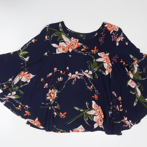 AX Paris Womens Blue Floral Polyester Basic Blouse Size 14 Boat Neck - Ruffle Sleeve