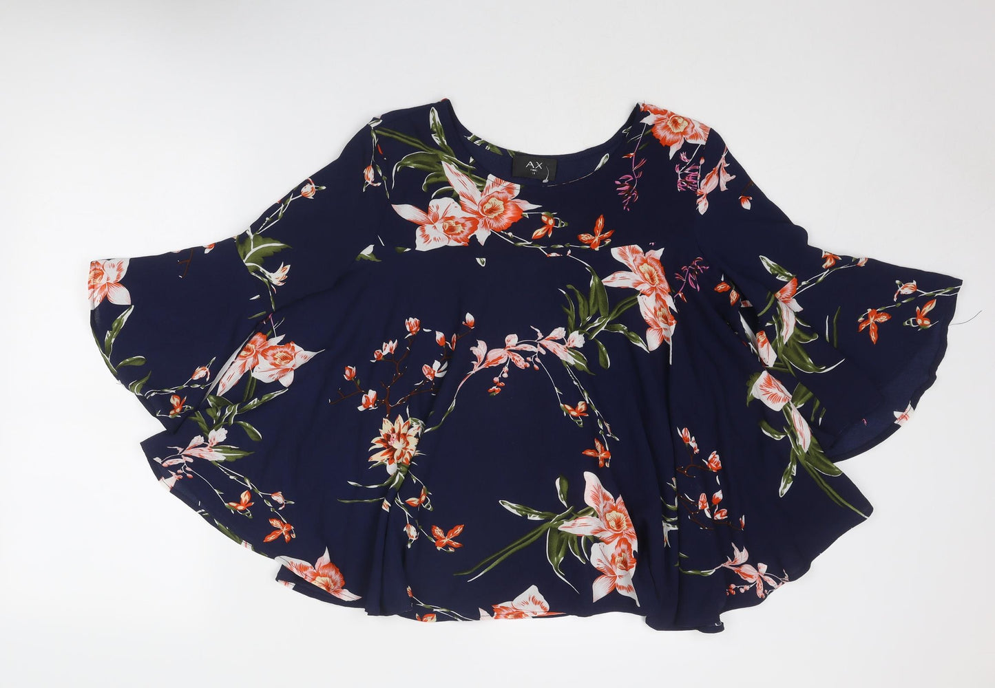 AX Paris Womens Blue Floral Polyester Basic Blouse Size 14 Boat Neck - Ruffle Sleeve