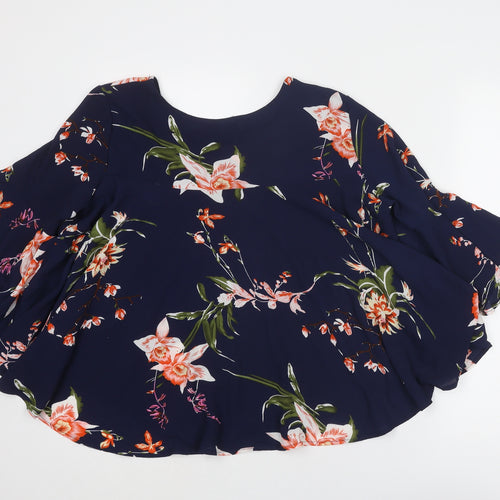 AX Paris Womens Blue Floral Polyester Basic Blouse Size 14 Boat Neck - Ruffle Sleeve