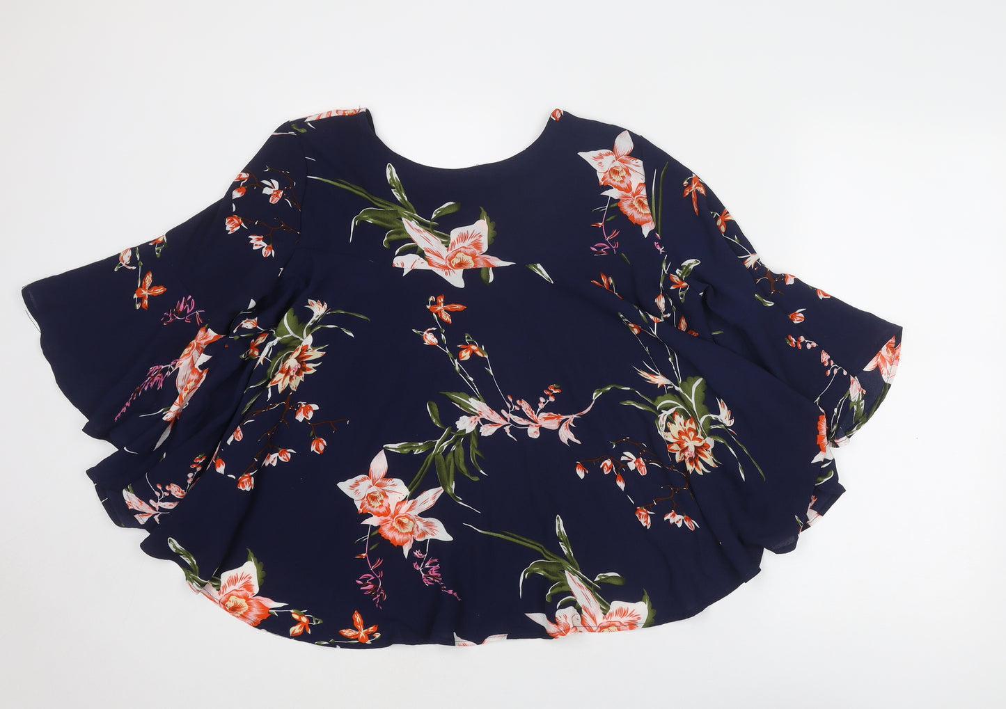 AX Paris Womens Blue Floral Polyester Basic Blouse Size 14 Boat Neck - Ruffle Sleeve