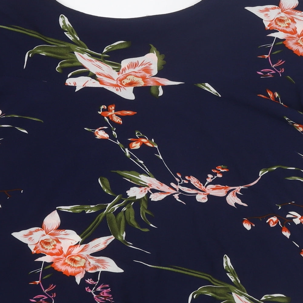 AX Paris Womens Blue Floral Polyester Basic Blouse Size 14 Boat Neck - Ruffle Sleeve