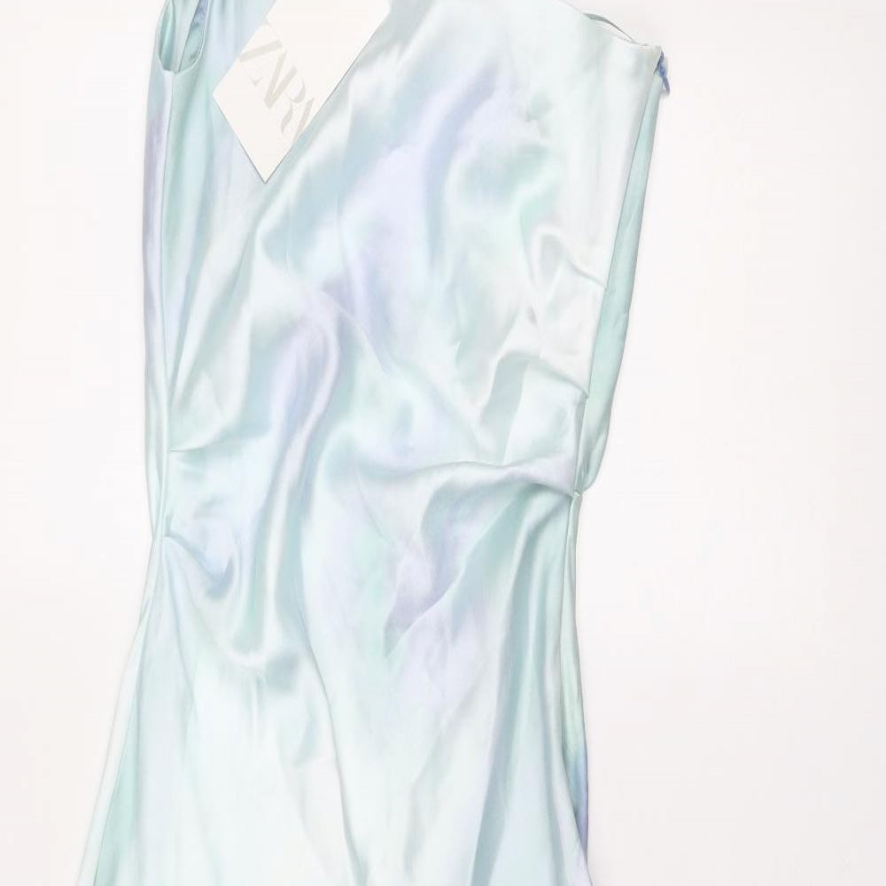 Zara Womens Blue Geometric Polyester Maxi Size XS Off the Shoulder Zip