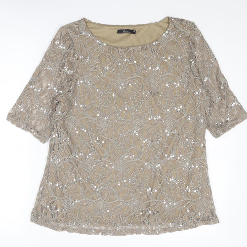 Bonmarché Womens Beige Nylon Basic Blouse Size 14 Boat Neck