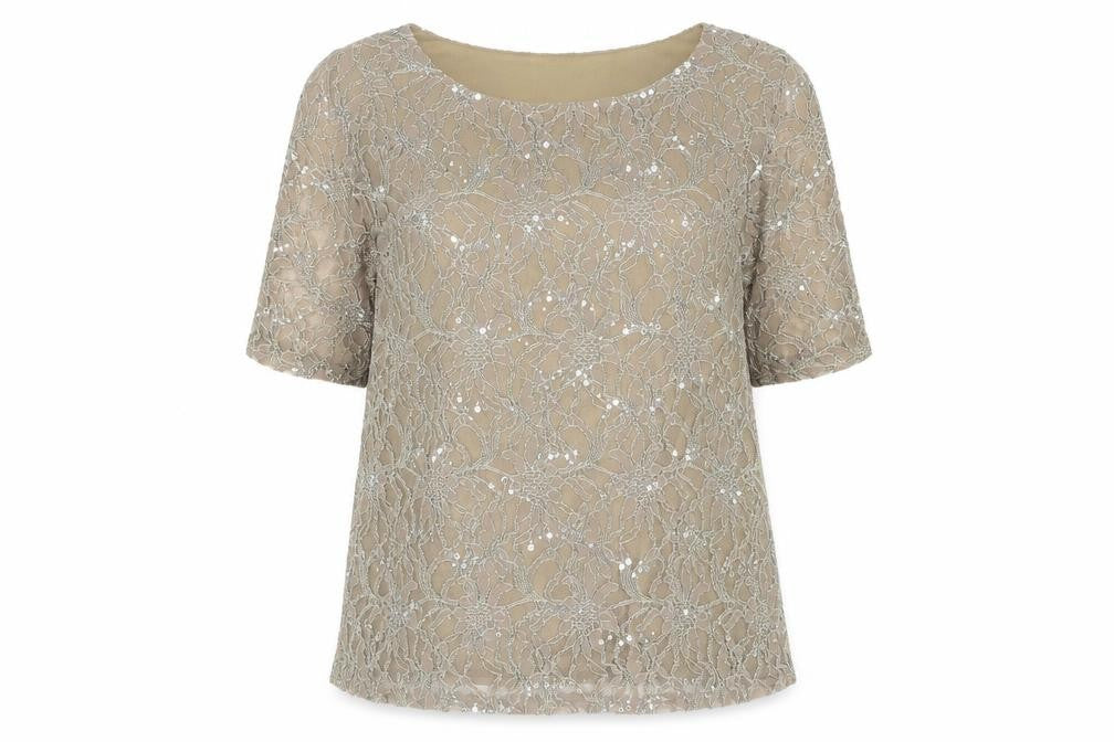 Front view of Bonmarché women’s beige nylon basic blouse, size UK 14, boat neck