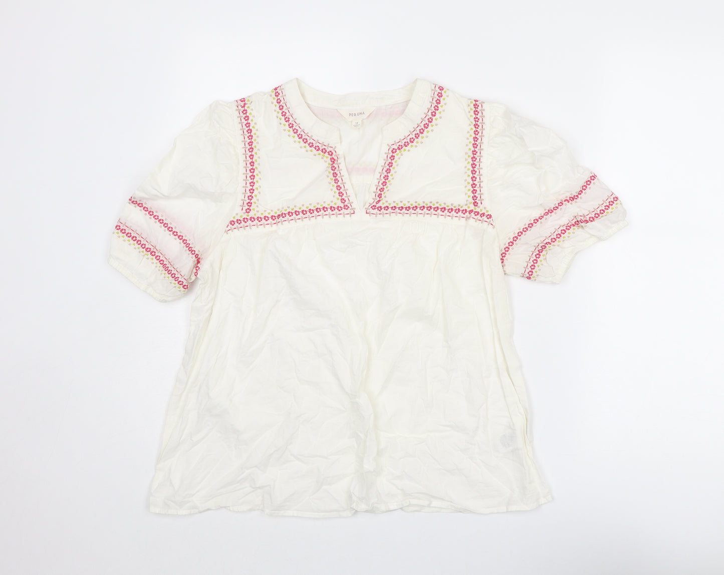 Per Una Womens Ivory Geometric Cotton Basic Blouse Size 12 V-Neck