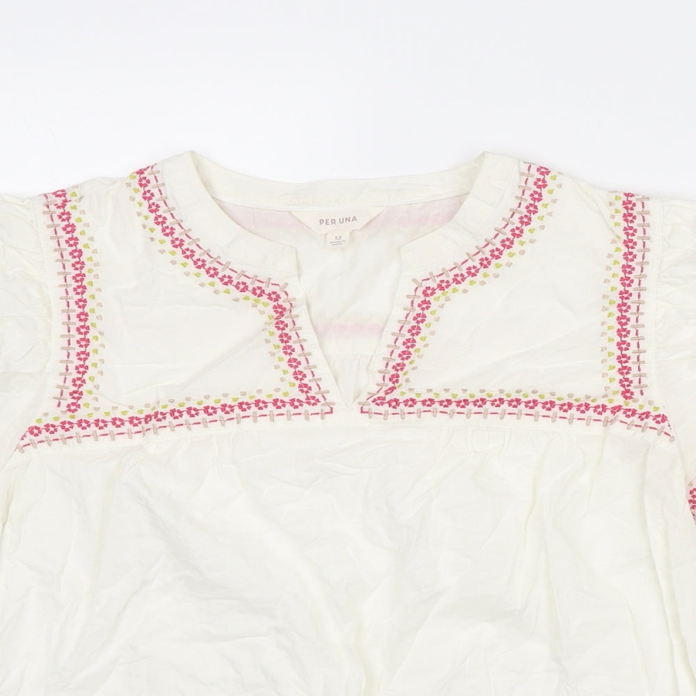 Per Una Womens Ivory Geometric Cotton Basic Blouse Size 12 V-Neck