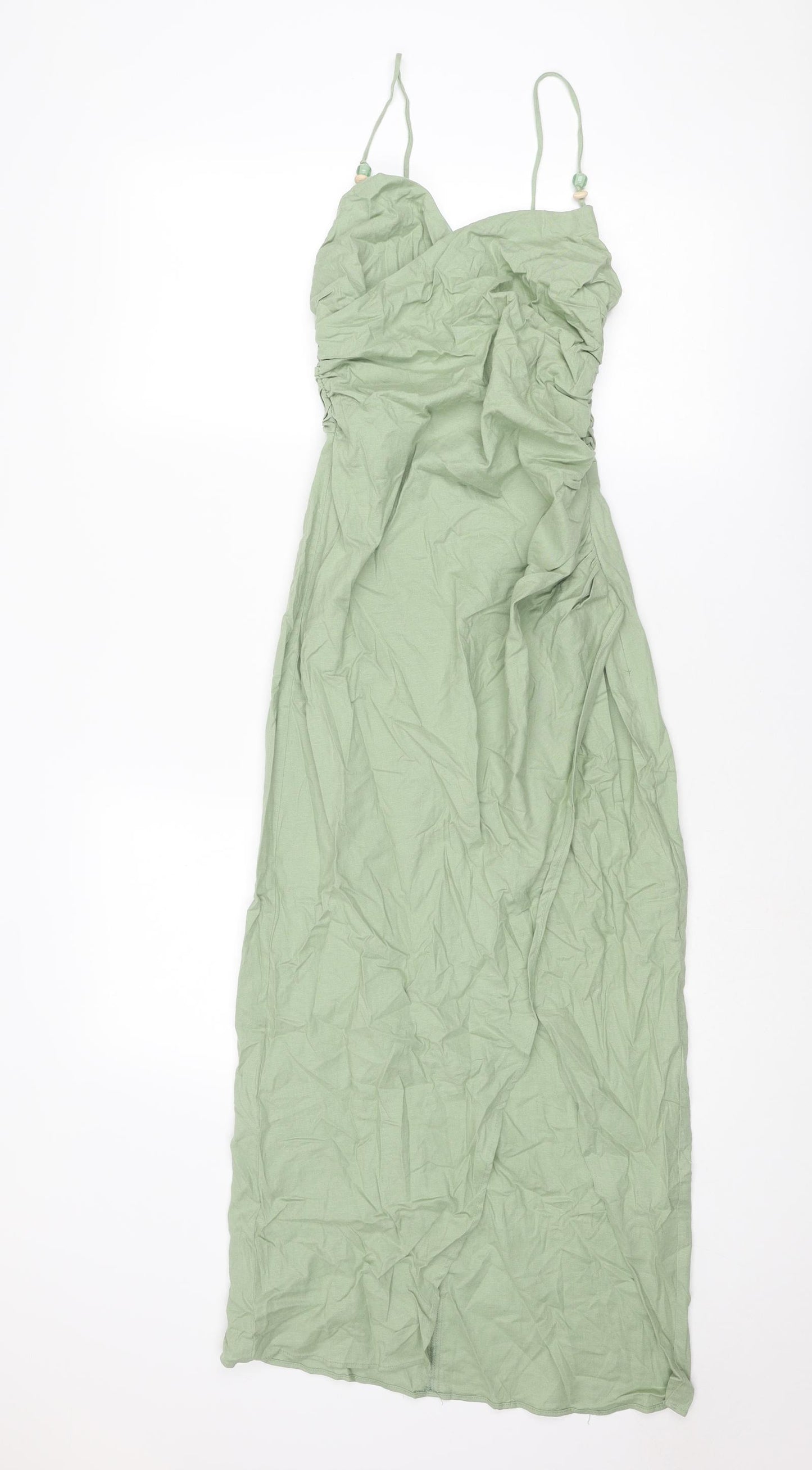Zara Womens Green Linen Tank Dress Size S Cowl Neck Zip