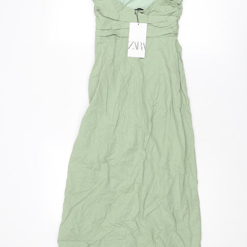 Zara Womens Green Linen Tank Dress Size S Cowl Neck Zip