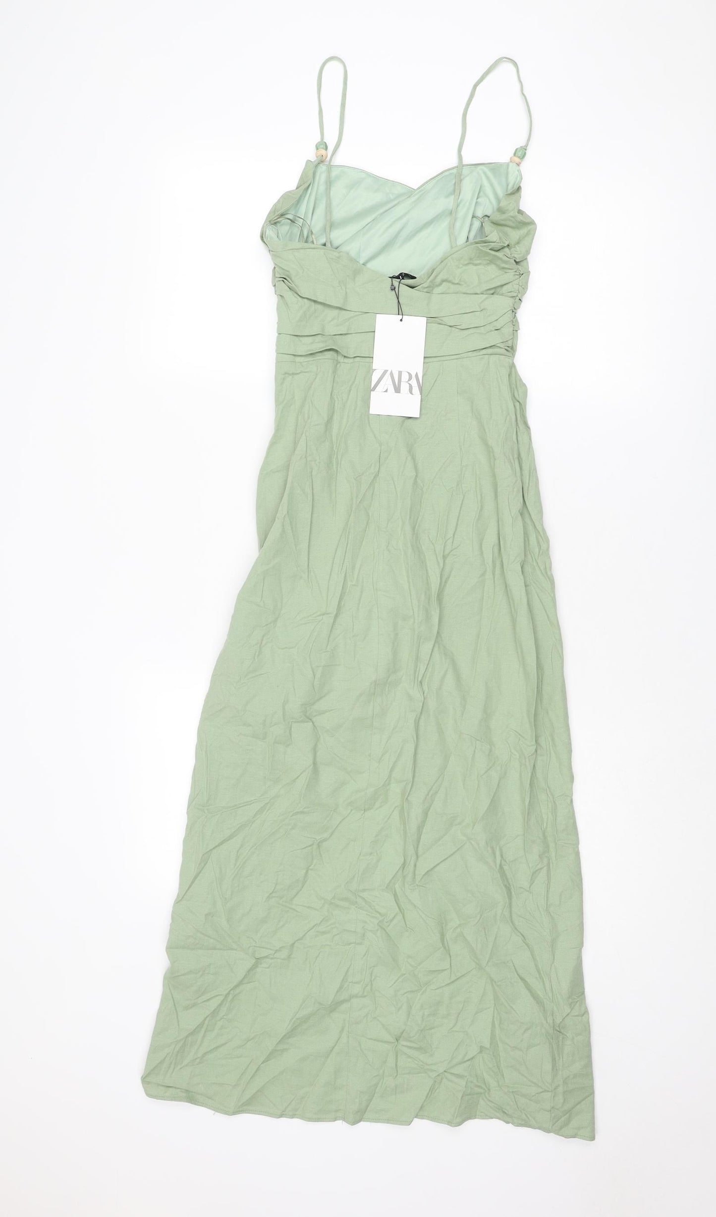 Zara Womens Green Linen Tank Dress Size S Cowl Neck Zip