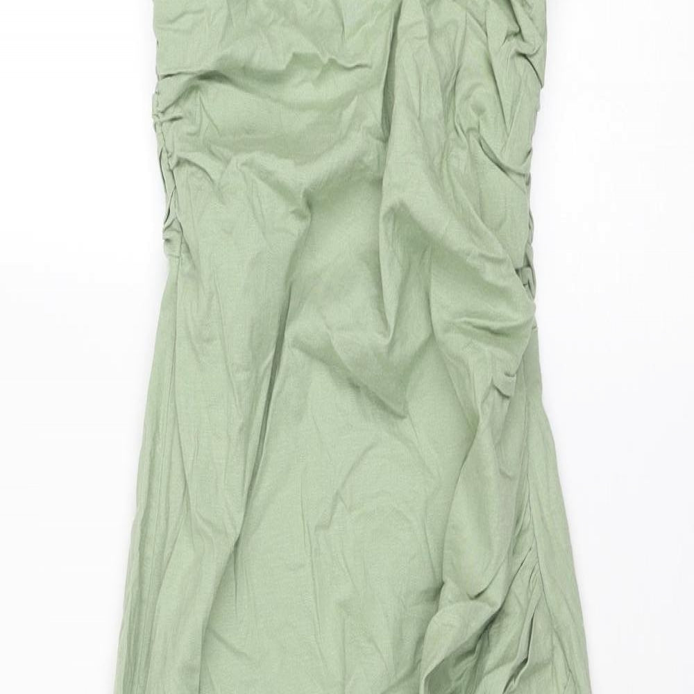 Zara Womens Green Linen Tank Dress Size S Cowl Neck Zip