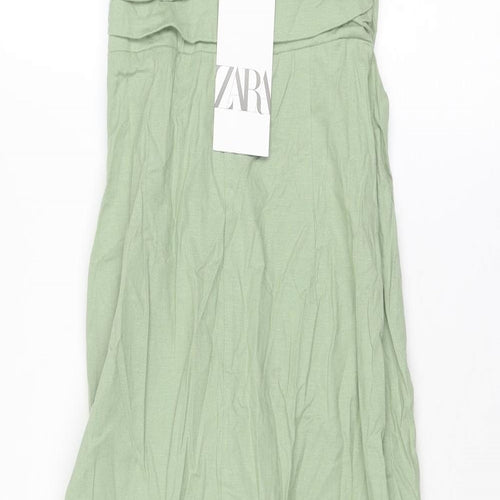 Zara Womens Green Linen Tank Dress Size S Cowl Neck Zip