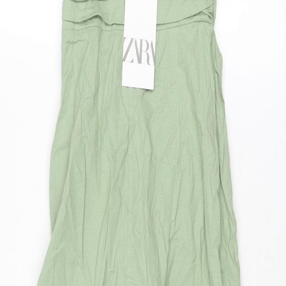 Zara Womens Green Linen Tank Dress Size S Cowl Neck Zip