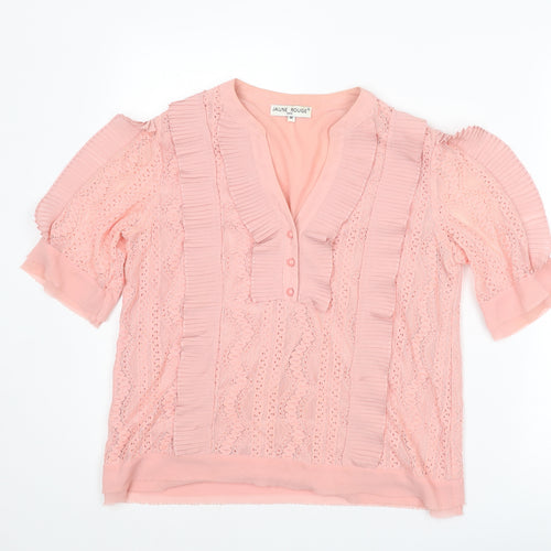 Jaune Rouge Womens Pink Polyester Basic Blouse Size M V-Neck - Lace Detail